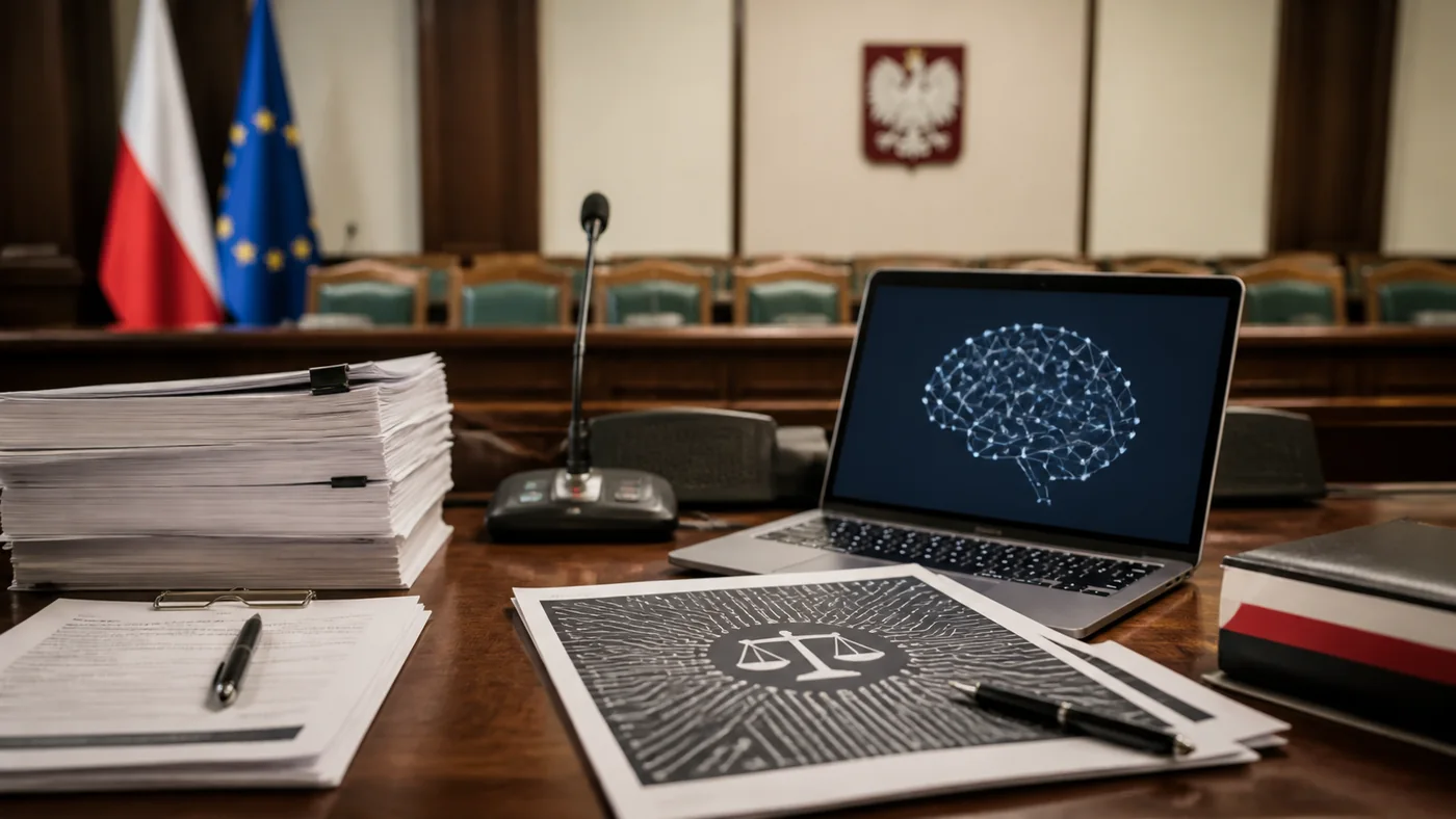 Symboliczne przedstawienie sztucznej inteligencji i reguł prawnych
