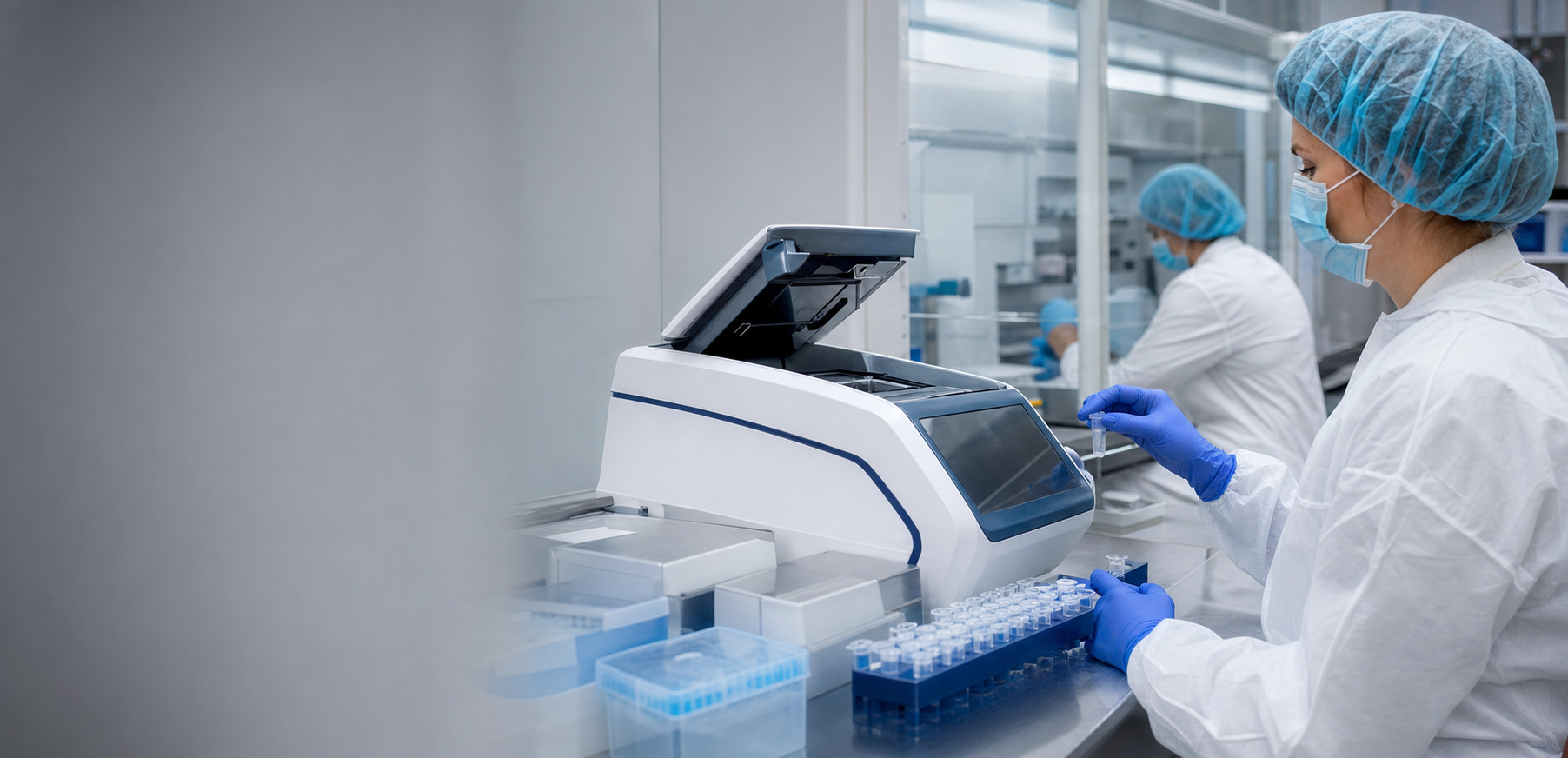 Technik laboratoryjny analizujący próbki wirusowe w nowoczesnym laboratorium