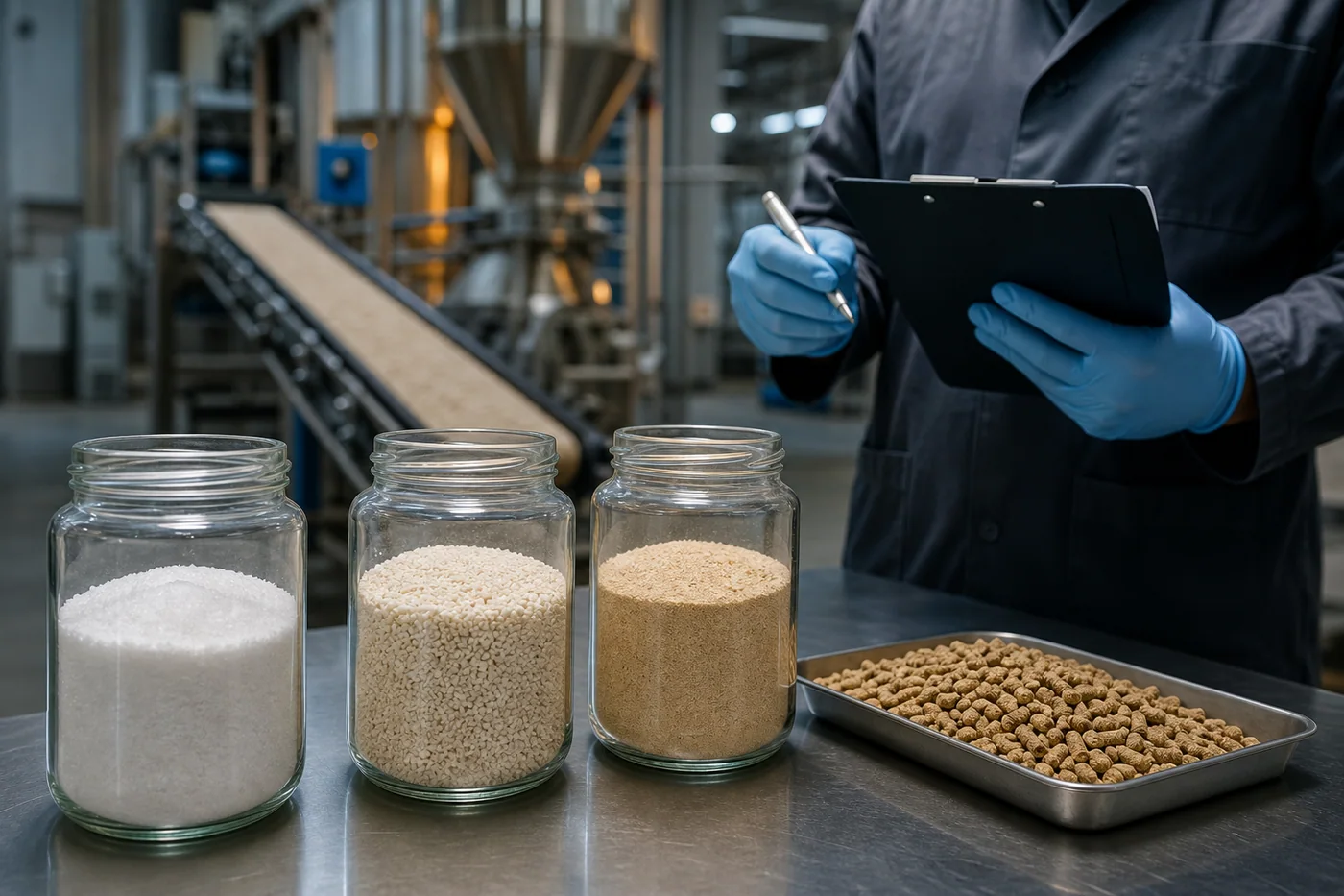 Pracownik kontroli jakości porównuje trzy próbki dodatków i granulat paszowy w zakładzie produkcyjnym