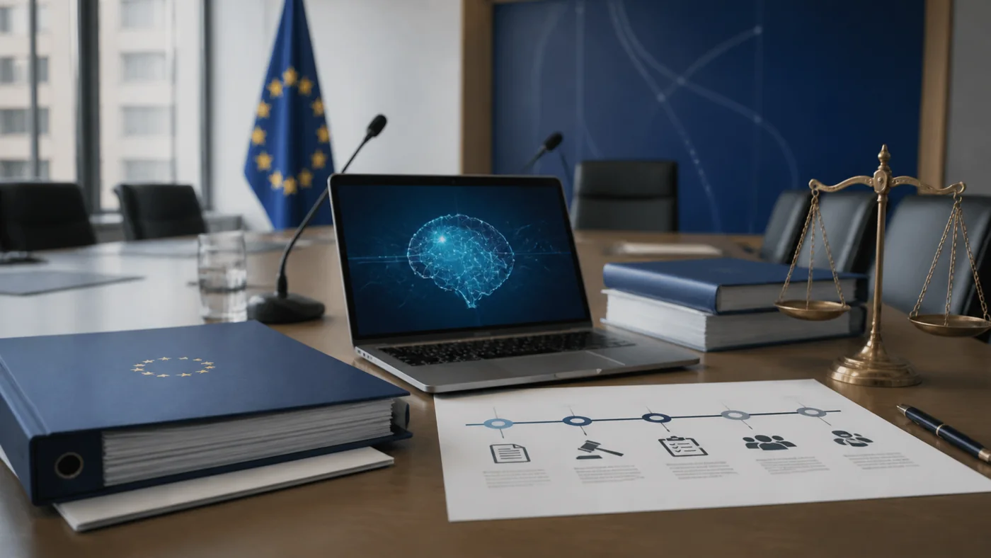 Europejski stół konferencyjny z dokumentami i wizualizacją sztucznej inteligencji