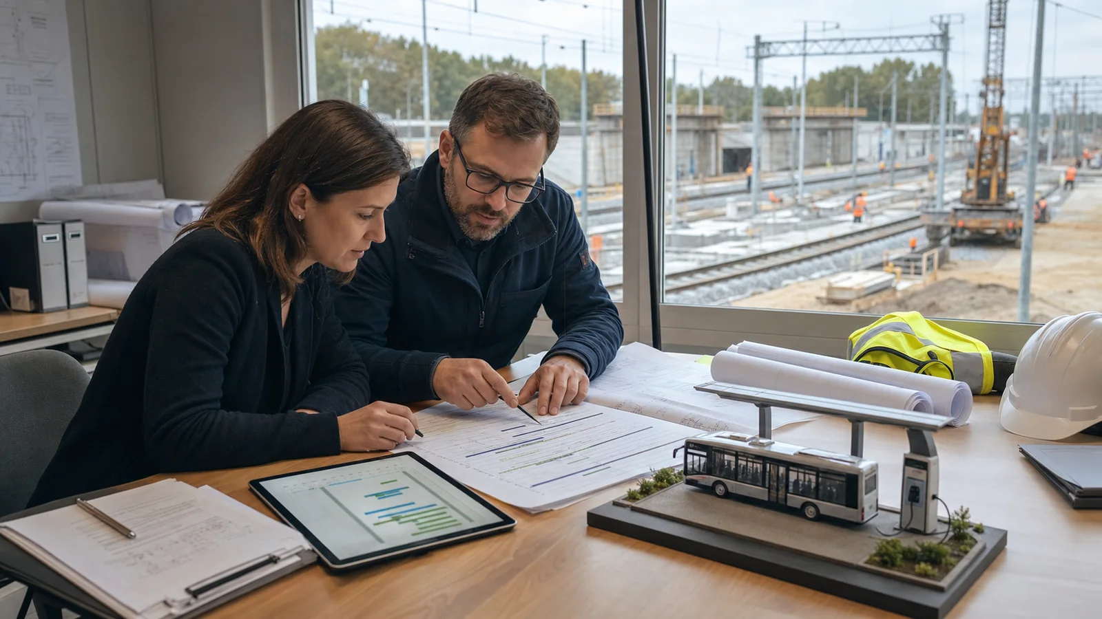 Koordynatorzy inwestycji analizują harmonogram przy modernizowanej linii kolejowej
