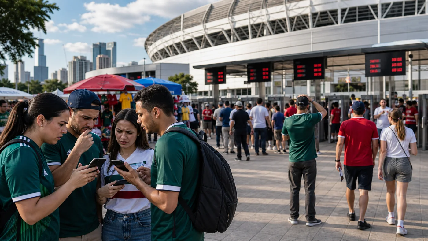 Kibice sprawdzający bilety przed wejściem na duży stadion piłkarski