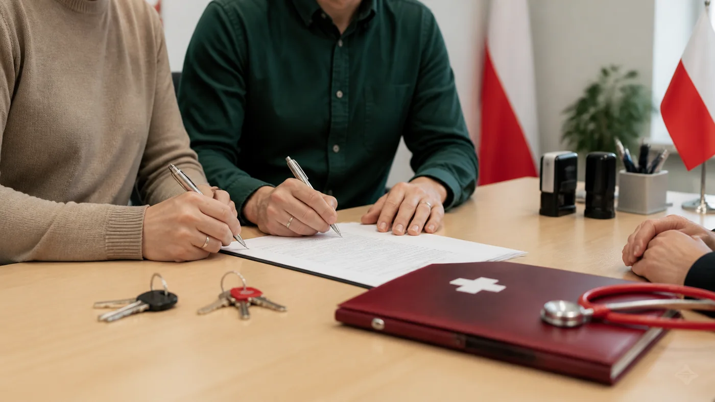Podpisywanie dokumentów mieszkaniowych przy biurku jako symbol wejścia w dorosłość