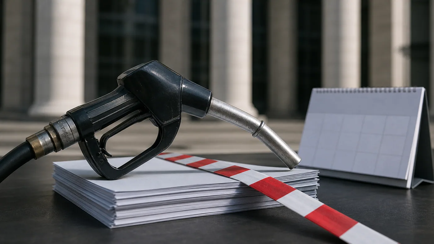 Pistolet dystrybutora paliwa leżący na dokumentach przeciętych biało-czerwoną taśmą przed budynkiem sądu