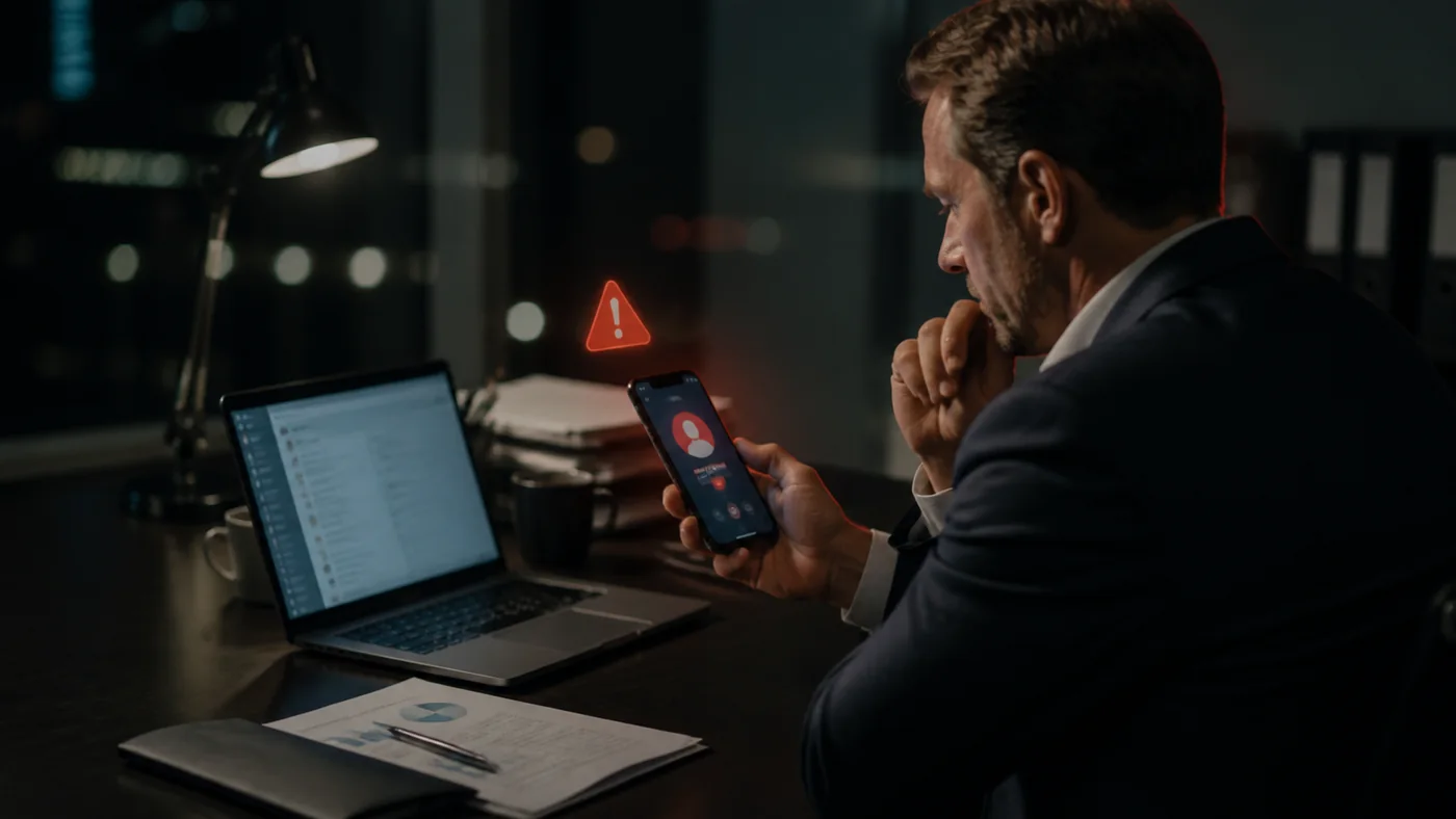 Menedżer sprawdzający podejrzane połączenie na telefonie przy służbowym laptopie