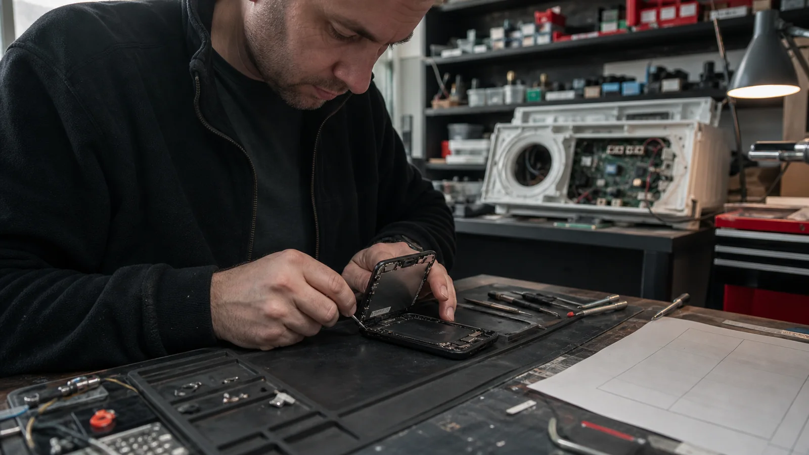 Serwisant naprawiający smartfon w warsztacie z otwartym modułem pralki w tle