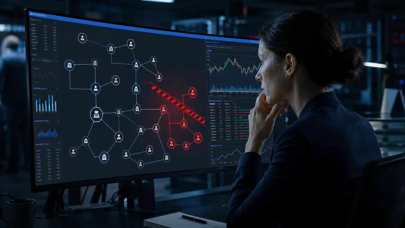 Analityczka zgodności bada na ekranie sieć właścicielską firmy świadczącej usługi krypto