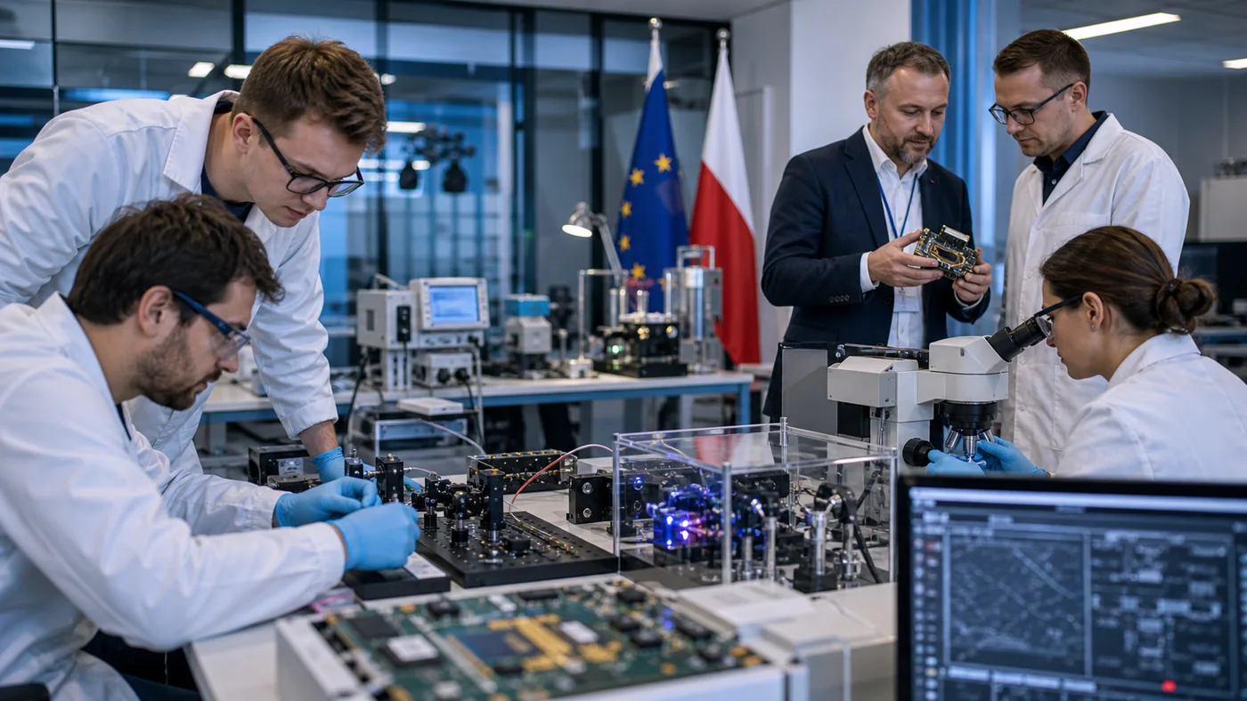 Inżynierowie pracują nad technologią fotoniczną i układami scalonymi w laboratorium
