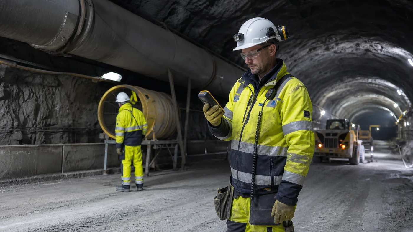 Specjalista BHP sprawdza miernik gazów w podziemnym tunelu obok instalacji wentylacyjnej