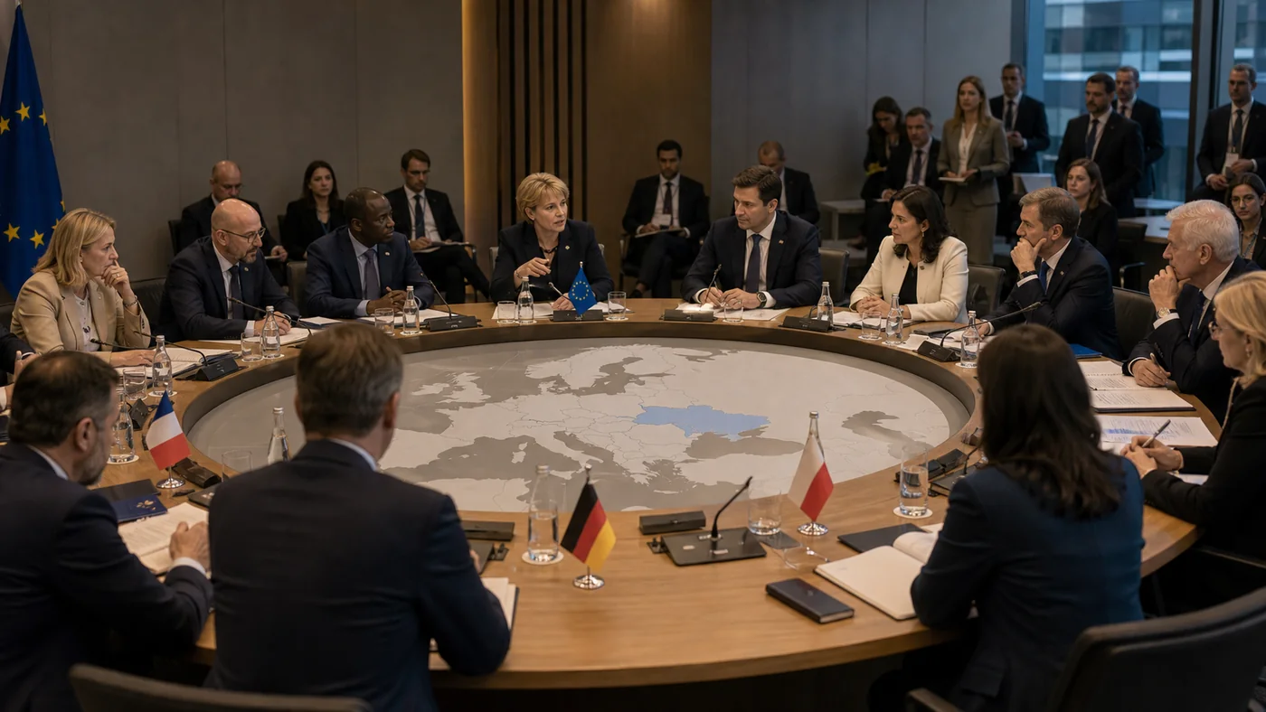 Europejscy dyplomaci przy stole jako ilustracja sankcji i wojny w Ukrainie