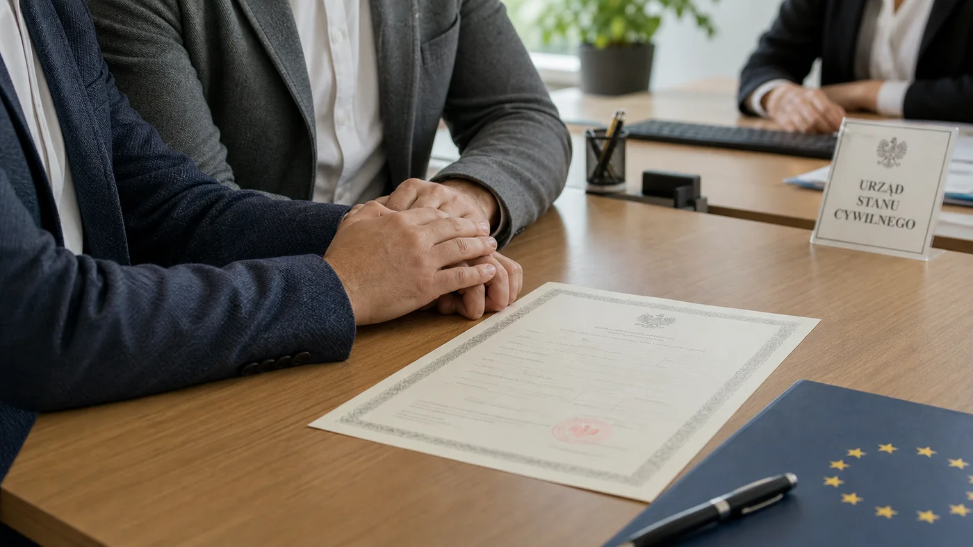Dłonie dwóch małżonków przy dokumencie w urzędzie stanu cywilnego
