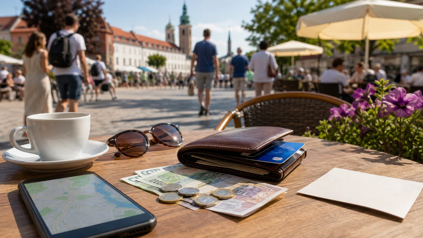 Letni stolik z portfelem, kartą płatniczą, gotówką i telefonem z mapą podczas wakacyjnego wyjazdu